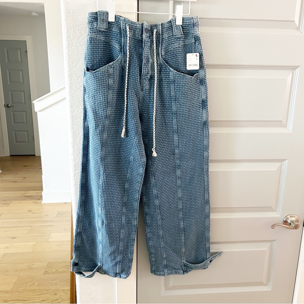 NWT Free People Washed Away Pull On Boyfriend Jeans Waffle Knit - Picture 5 of 8